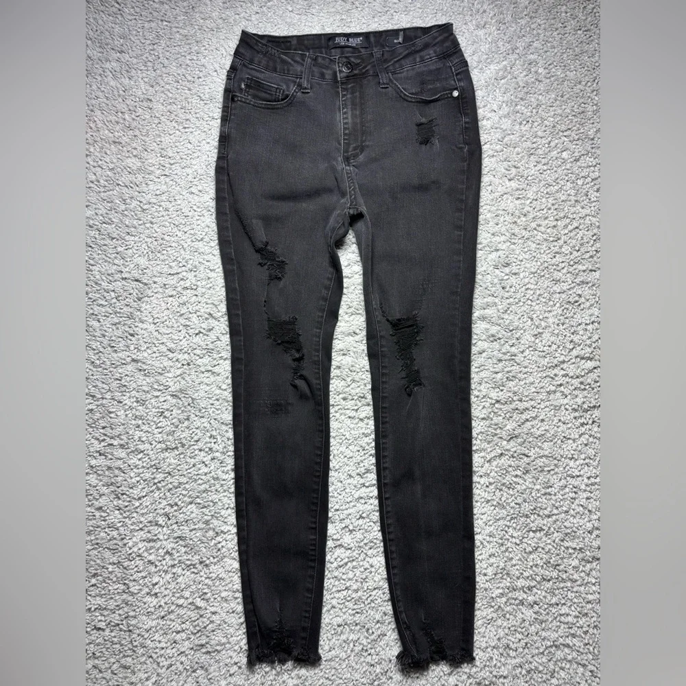 Judy Blue Jeans Womens 27 Skinny Fit Black Denim Distressed High Rise Raw Hem